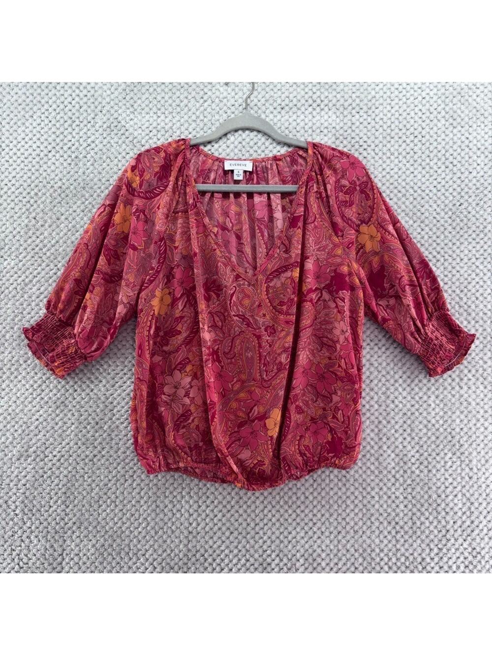 EVEREVE Top Womens S Orange Paisley V-Neck Smocked Sleeves